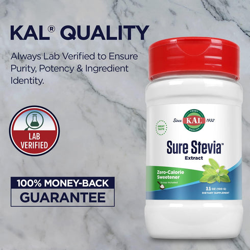 KAL Sure Stevia Extract Powder, Low Carb, Plant Based Stevia Sweetener, Great Taste, Zero Calories, Zero Sugar, Low Glycemic & Perfect for a Keto ...