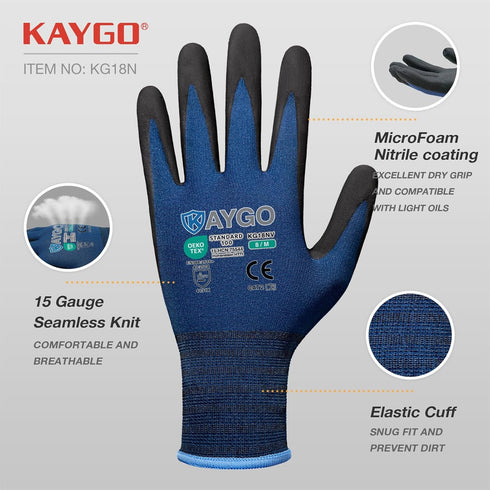 KAYGO Safety Work Gloves MicroFoam Nitrile Coated-3 Pairs, KG18NB,Seamless Knit Nylon Glove with Black Micro-Foam Nitrile Grip,Ideal for General P...