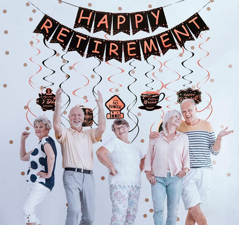 Retirement Party Decorations for Women Black Rose Gold Happy Retirement Banner and Swirls with Rose Gold Confetti Balloons Kit for Female Retireme...