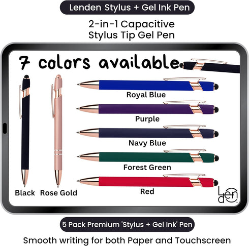 Pack of 5 Rubberized Comfort Soft Touch 2 in 1 Gel Ink Pen Capacitive Stylus Tip, Premium Metal Medium Point, Black Ink, Compatible with Most Touc...