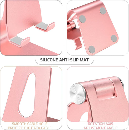 Rose Gold Foldable Aluminum Alloy Cell Phone Holder,Tabletop Metal Phone Stand with Adjustable Angle by Swivel Axis,Smartphone Cradle...