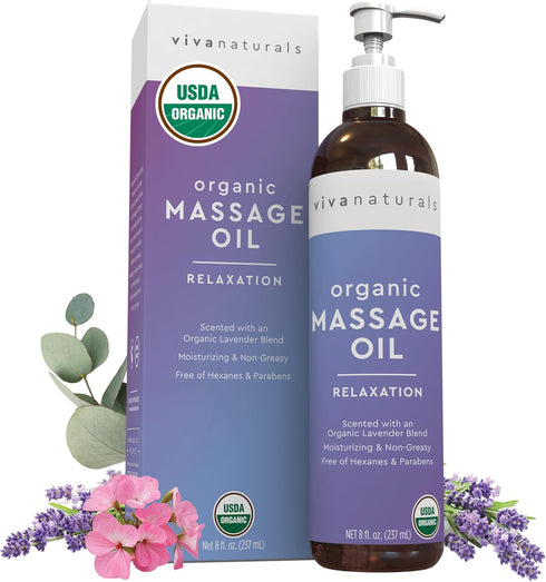 Viva Naturals Organic Massage Oil (8 fl. oz.) - Lavender Scented Relaxing Body Massage Oil for Massage Therapy - Perfect for Home Use & Profession...