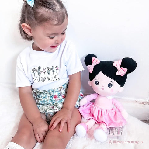 OUOZZZ Soft Baby Doll for Girls - My First Baby Doll Birthday Gifts for Girls Plush Rag Dolls Asian Doll Black Hair Pink Dress Toy for Toddlers Ki...