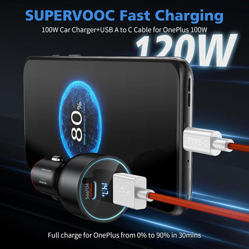 Car Charger SuperVOOC 120W for OnePlus 10T 12R 12 11 10 Pro Nord 2T, Warp Charger for OnePlus Open Pad Nord 9 Pro 8 7T 6 6T 5 5T LED Display Dual ...