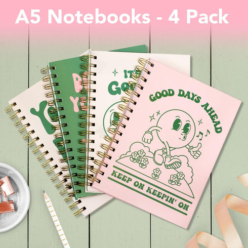 Pink Green Aesthetic Hardcover Notebooks for Work, A5 size 5.8 x 8.3 inch, Cute Notebooks for School 4 Pack, Retro Notebooks College Ruled, Cute S...