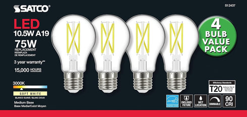 Satco S12437 A19 LED 4-Bulb Value Pack, 75W Replacement, 3000K, Clear...