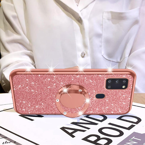 nancheng for Samsung Galaxy A21S Phone Case Cute Girls Women Glitter TPU Cover with Ring Stand & Strap Lanyard Shockproof Protection Case - Rose G...
