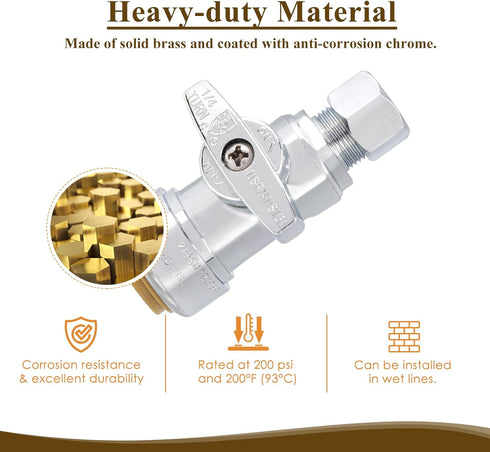 1/2" x 3/8" OD Compression Straight Stop Valve for PEX, Copper, CPVC Pipe and Water Line, Push to Connect Brass Plumbing Fitting, Quarter-Turn Shu...