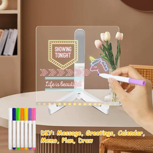 CAPOT Acrylic Dry Erase Board with Light 7.9 X 7.9” Light up Dry Erase Board with Stand as a Glow Memo LED Letter Message Board led Note Board Whi...