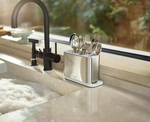 Joseph Joseph Surface Kitchen Sink Cutlery drainer, Utensil cutlery and kitchen gadgets holder with draining base, kitchen storage, Stainless Stee...