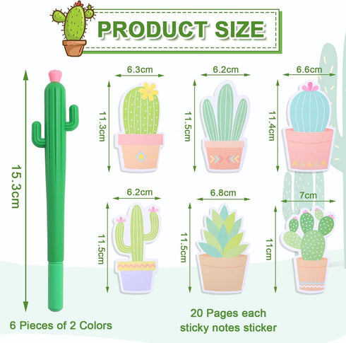 Whaline 12 Pieces Cactus Shaped Roller Pens with Cactus Sticky Notes Cactus Gel Ink Pens Cactus Neutral Pen Writing Plant Pen Succulent Note Pad f...