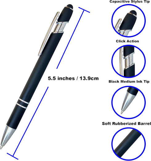 Pack of 5 Rubberized Comfort Soft Touch 2 in 1 Ballpoint Pen Capacitive Stylus Tip, Premium Metal Medium Point, Black Ink, Compatible with Most To...