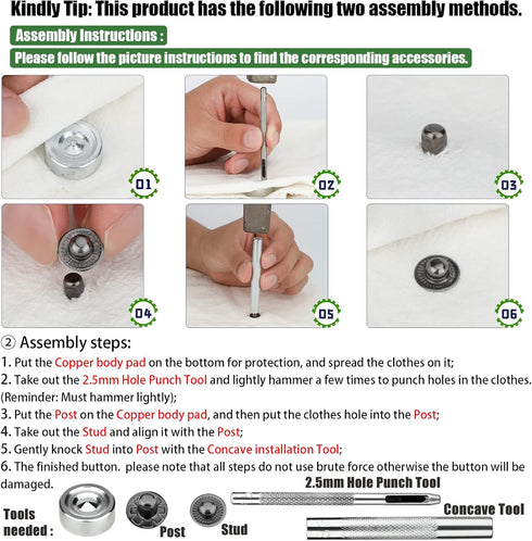 Luter 12 Sets 15mm Snap Buttons Fastener Kit No Sew Removable Metal Heavy Duty Snap Buttons with 4 Metal Install Tools for Denim Clothing Jeans Pa...