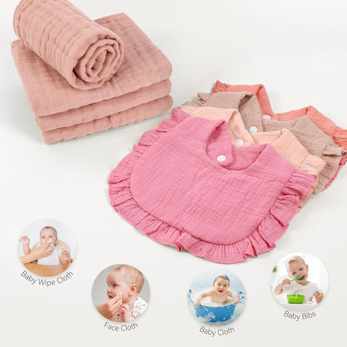 Omisy 4 Pack Burp Cloths & 4 Pack Muslin Baby Bibs Sets, for 2-36 Months Drooling Teething Girl Boy's Burp and Snap Bib...