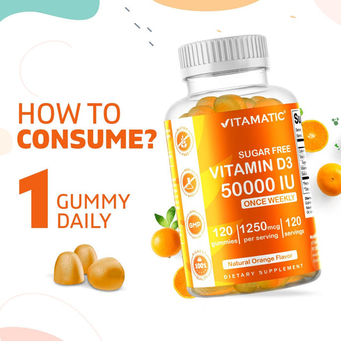 Vitamatic Sugar Free Vitamin D3 50,000 IU Weekly Supplement - 120 Pectin Based Gummies - Vitamin D Capsules for Bones, Teeth, and Immune Support (...