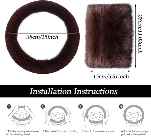 1 Set 4 Pcs Fluffy Steering Wheel Cover&Handbrake Cover&Gear Shift Cover&Fluffy Auto Center Console Cover Faux Wool Steering Wheel Covers for Wome...