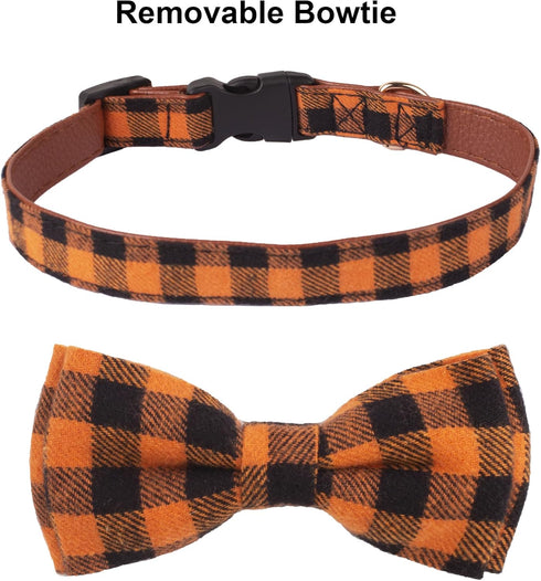 ADOGGYGO Halloween Dog Collar with Bow, Adjustable Plaid Dog Collars with Removable Bowtie Orange Purple Plaid Halloween Collars for Medium Dogs P...