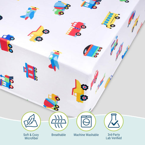 Wildkin Kids 100% Microfiber Crib Sheet – Soft, Breathable Fitted Sheet - Trains, Planes, and Trucks...