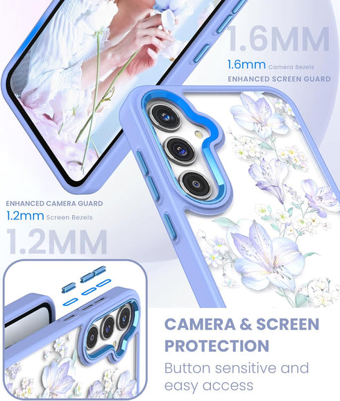 for Samsung Galaxy A35 5G Case+Tempered Glass Screen Protector,Military Grade Protective Slim Soft TPU & Hard PC,Girls Women Crystal Clear Flower ...