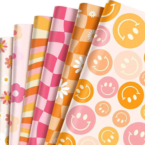 12 Sheets Boho Wrapping Paper Retro Groovy Gift Wrap Paper, Smiley Face Floral Daisy Pattern Wrapping Paper for Baby Shower Birthday Wedding DIY C...