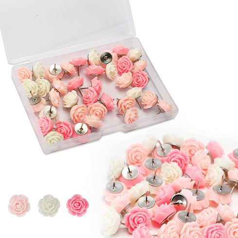 40Pcs Rose Theme Push Pins Rose Thumb Tacks Decorative Flower Cork Board Tacks for Bulletin Board, Photos Wall Maps and Other Offices Schools Supp...