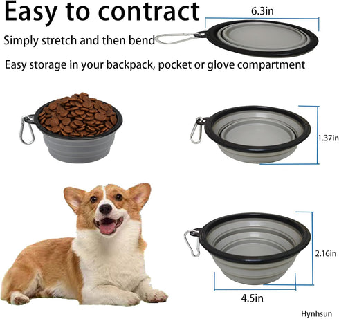 Medium Collapsible Dog and Cat Water Silicone Bowls, Pack of 2, Portable Pet Feeding Tray for Walking, Parking, Traveling with 2 Carabiners (grey&...