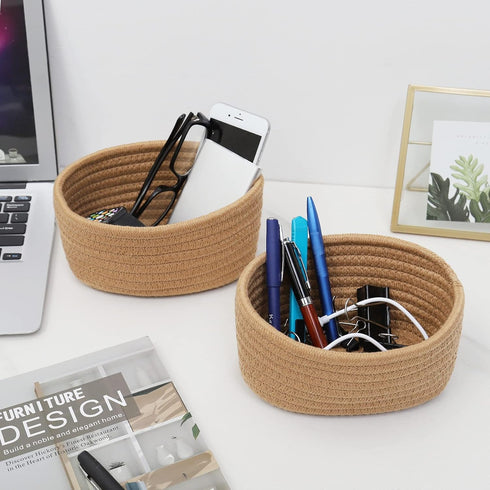 ?2 Pack?ABenkle Small Woven Baskets, Tiny Oval Shallow Storage Baskets, Mini Cotton Rope Empty Decorative Basket, Boho Little Organizer Bins for B...