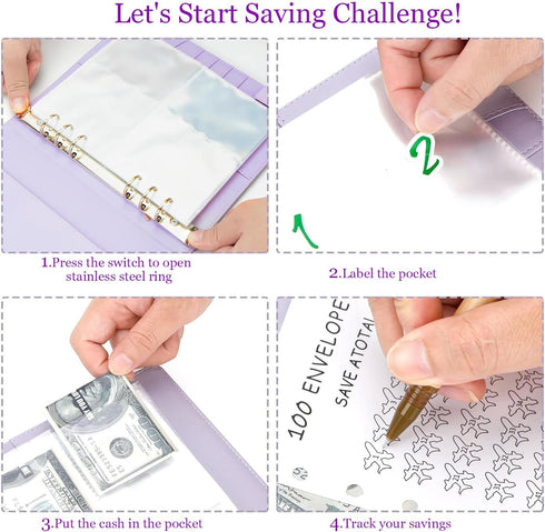Savings binder challenge $5,050 with a 100 envelope challenge binder. A5 Savings Binder,budget planning booklet, goal challenge tracker, and day l...
