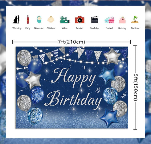 Navy Blue Happy Birthday Backdrop Silver Glitter Balloons Star Flag Sequins Background Adult Men Women Birthday Party Decoration Cake Table Photo ...