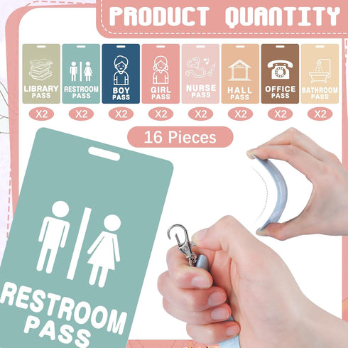 16 Pcs PVC Hall Pass Lanyards Unbreakable Hall Passes Writeable Hall Passes for Classrooms Bathroom Passes for Hall Bathroom Library Office Nurse ...