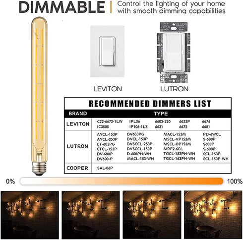 Leools T300 Led Long Bulbs,12W Dimmable Tubular Bulb,100 Watt Equivalent,E26 Edison Style Vintage LED Filament Light Bulb,Amber Glass,2700K Warm W...