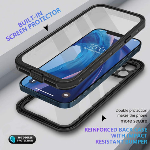 Waterproof Case Designed for iPhone 12 Pro 6.1 inch,Full Body Sealed Cover with Built in Screen Protector,IP68 Waterproof Shockproof Clear Rugged ...