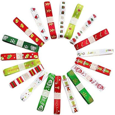 Chenkou Craft Merry Christmas 20 Yards Polyester Grosgrain Ribbon Appliques - 3/8" (10mm) Santa Ribbons Mix...