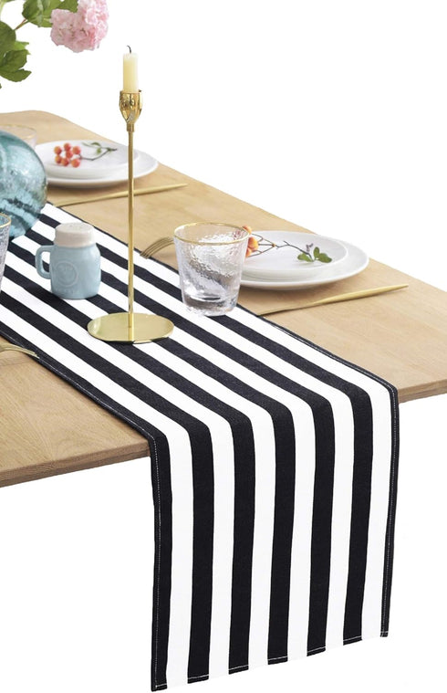 BOXAN Classic Black and White Striped Table Runner, Modern Stripes Pattern Elegant Cotton Canvas Table Top Decor for Art Deco Wedding, Bridal Show...