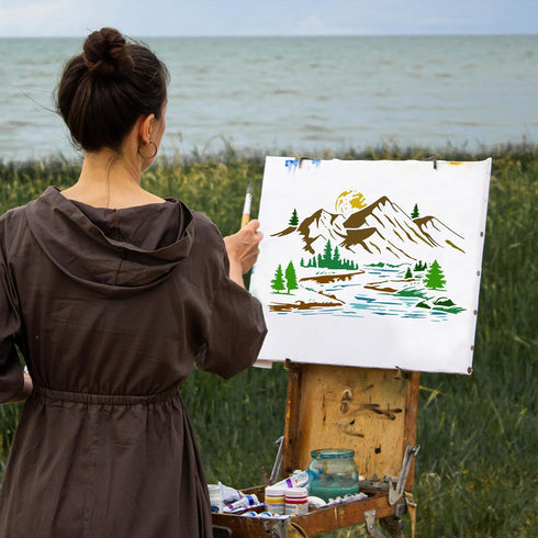 FINGERINSPIRE Mountain Stencil 8.3x11.7inch Reusable River Nature Scenery Painting Template DIY Craft Pine Tree Moon Landscape Decoration Stencil ...