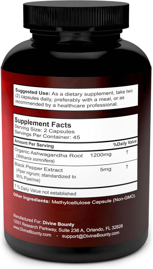 Divine Bounty Organic Ashwagandha Capsules - 1200mg Ashwagandha Powder with Black Pepper for Enhanced Absorption - Ashwaganda Supplement for Calmn...