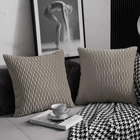 DEZENE Tan Throw Pillow Cases 22x22: 2 Pack Inch Original Striped Velvet Square Decorative Pillow Covers for Farmhouse Couch...