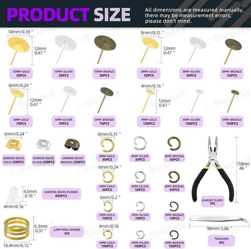 Swpeet 3053Pcs 3 Colors 4mm 6mm 8mm 10mm Earring Making Kit, Including Earring Posts, Gold Earring Backs, Open Jump Rings, Needle Nose Pliers, Elb...
