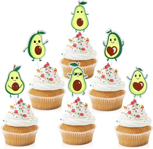 18pcs Glitter Fruit Avocado Cupcake Toppers - Fiesta Party Avocado Cupcake Toppers Supplies - Happy Avocado Holy Guacamole Party Dessert Food Pick...