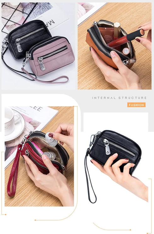 Genuine Leather Mini Wristlet Wallet Coin Pouch Handbag Clutch with Wrist Strap (Light Purple)...