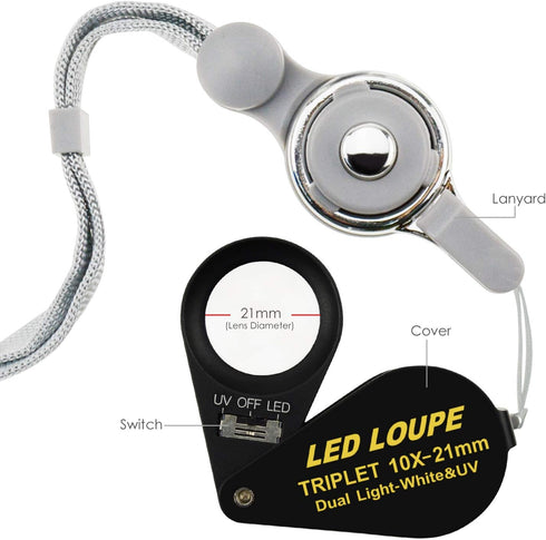 Illuminated Jewelers Loupe Magnifier, Foldable Jewelry Magnifier with 6 LED & UV Lights, Hastings Triplet Loupe 10X for Gems, Jewelry, Coins, Stam...