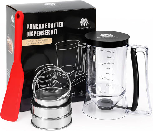 Fungyand Pancake Batter Dispenser - 4 Cups Complete Batter Dispenser Set with Muffin Rings, Spatula - Ideal Baking Tools for Pancakes, Cupcakes, W...
