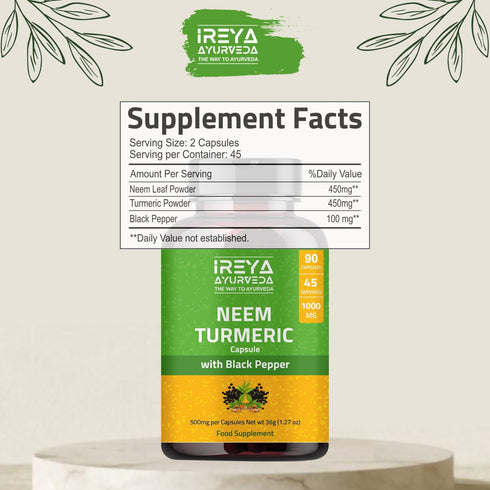 Neem Turmeric Capsules | 90 Capsules 1000mg | Neem Capsules made Black Pepper Neem, Turmeric, & Black Pepper | (90 Capsules)...