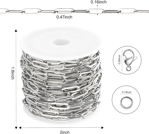 Kyutong 5 Meters Stainless Steel Jewelry Making Chain Roll Silver Necklace Chains Spool Paperclip Link Bulk Chains for DIY Craft Bracelet Ankle Fi...