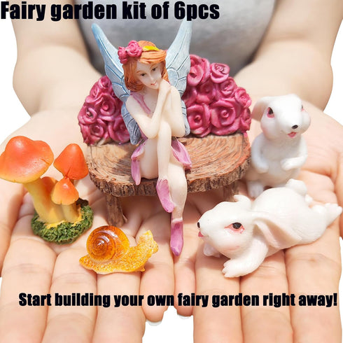 Fairy Garden Accessories, Fairy Garden Kit- Fairies, Rabbits & Mushroom- 6Pcs Mini Figurines & Ornaments Set Decor for Outdoor or House Home Dollh...