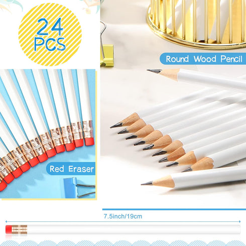 24 Pieces Round Pencils HB Graphite Pencils Wood Pencils with Eraser Cute Pencil Pack for School Drawing Sketching Wedding Office Supplies(White)...