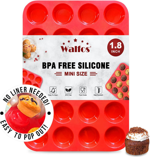 Walfos Mini Silicone Muffin Pan - 24 Cups, BPA Free and Dishwasher Safe, Non-stick Silicone Cupcake Baking Pan, Great for Making Muffin Cakes, Tar...