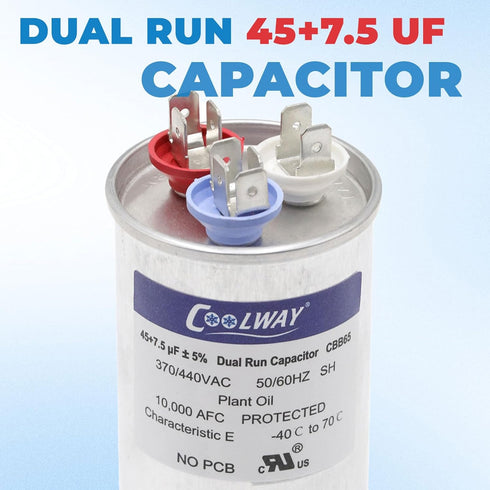 COOLWAY 45/7.5 uF 45+7.5 MFD 370V or 440V Dual Run Start ac Capacitor for ac 45 7.5 CBB65r CBB65b Capacitor 370 440 vac Air Conditioner Capacitor ...