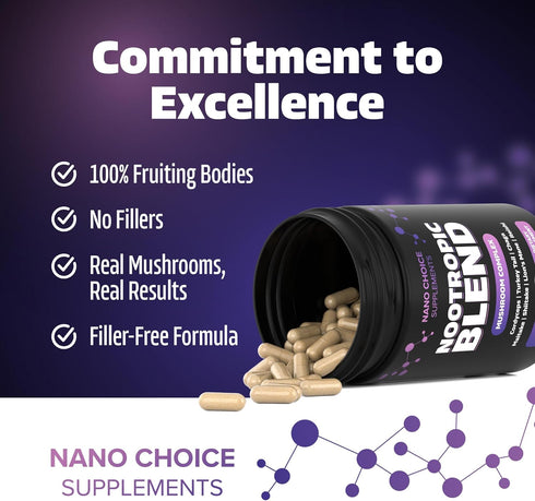 Nano Choice Nootropic Blend - Mushroom Complex Supplement for Brain, Focus, Productivity & Immune Support | Non-GMO, Vegan, Made in USA | 120 Caps...