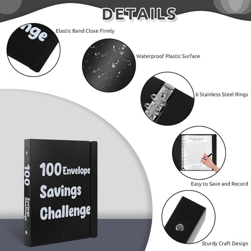 100 Envelopes Money Saving Challenge Binder, A5 Plastic Budget Binder with Cash Envelopes, Savings Binder for Planning and Saving $5050, Black...